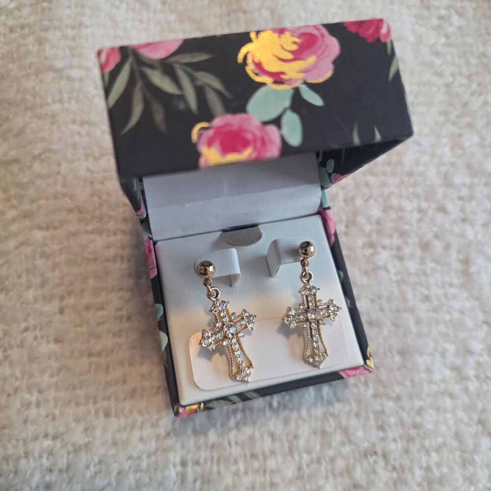 Gold Cross Earrings with Rhinestones in Floral Box